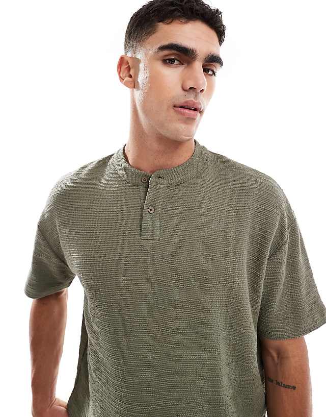 Asos ASOS DESIGN Oversized Boxy T-shirt Co-ord With Henley Neck In Khaki Boucle