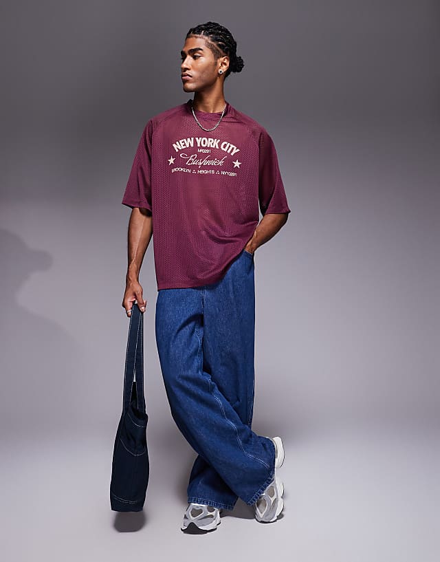 Asos ASOS DESIGN Oversized Boxy T-shirt With Bushwick Graphic In Burgundy Airtex