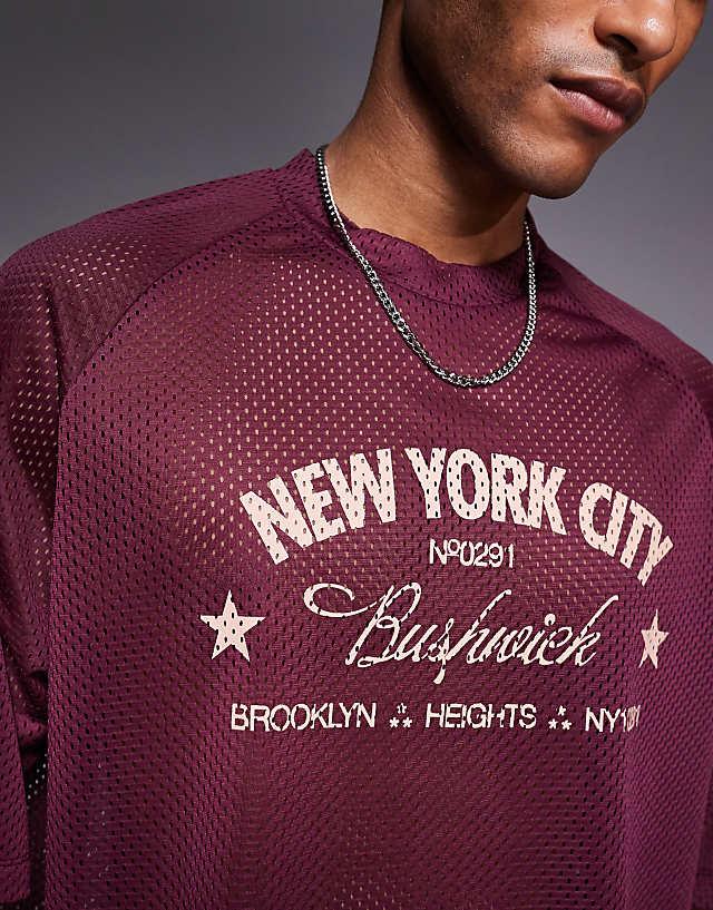 Asos ASOS DESIGN Oversized Boxy T-shirt With Bushwick Graphic In Burgundy Airtex