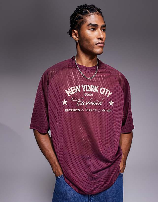 asos ASOS DESIGN oversized boxy t-shirt with Bushwick graphic in burgundy airtex