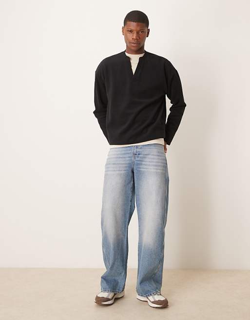 Asos ASOS DESIGN Oversized Boxy V Neck Sweatshirt In Heavyweight Brushed Rib In Black