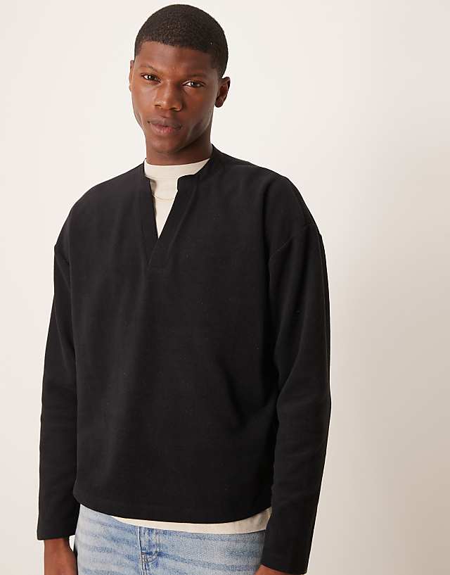 Asos ASOS DESIGN Oversized Boxy V Neck Sweatshirt In Heavyweight Brushed Rib In Black