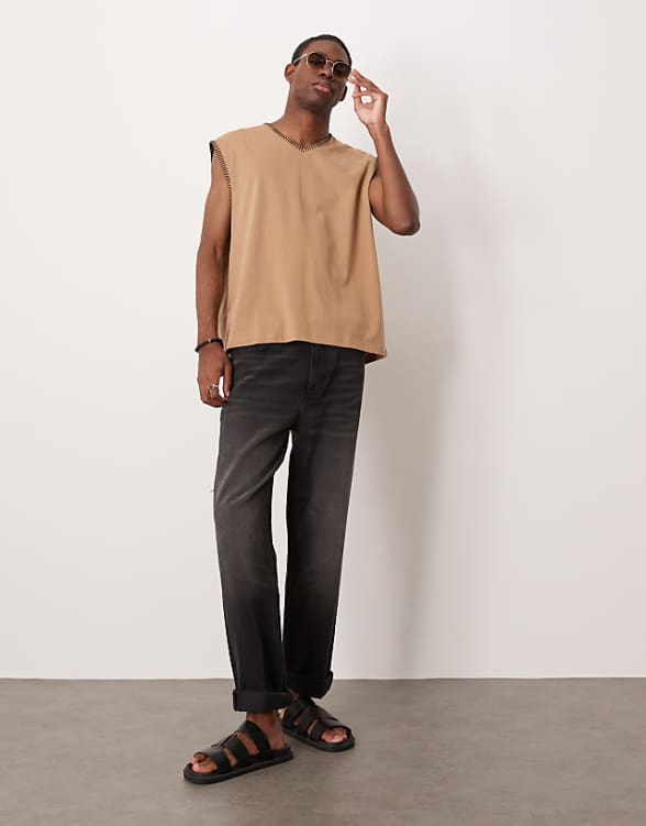 Asos ASOS DESIGN Oversized Boxy V Neck Tank With Stitch Detail In Brown
