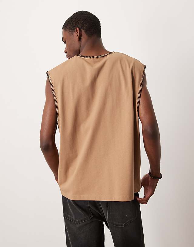 Asos ASOS DESIGN Oversized Boxy V Neck Tank With Stitch Detail In Brown