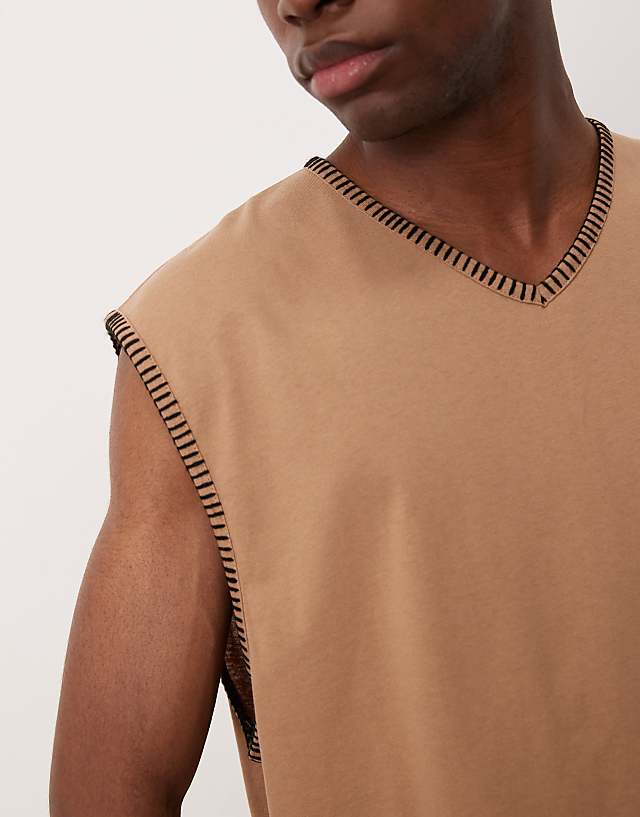 Asos ASOS DESIGN Oversized Boxy V Neck Tank With Stitch Detail In Brown