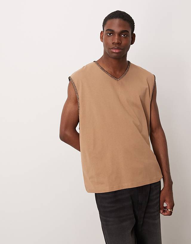 asos ASOS DESIGN oversized boxy v neck tank with stitch detail in brown