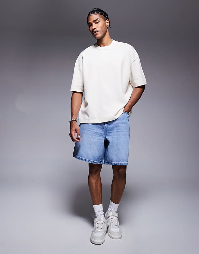 Asos ASOS DESIGN Oversized Boxy Waffle Henley T-shirt In Cream