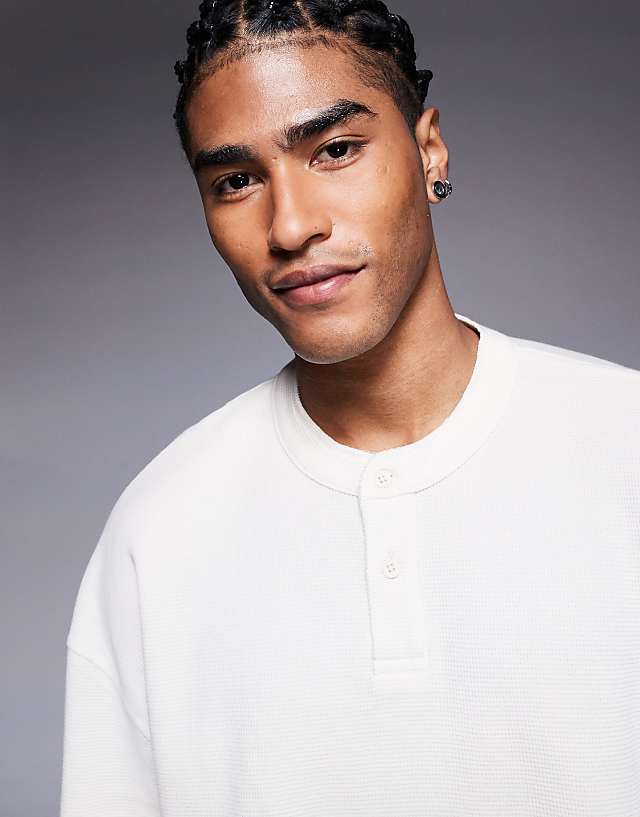 Asos ASOS DESIGN Oversized Boxy Waffle Henley T-shirt In Cream
