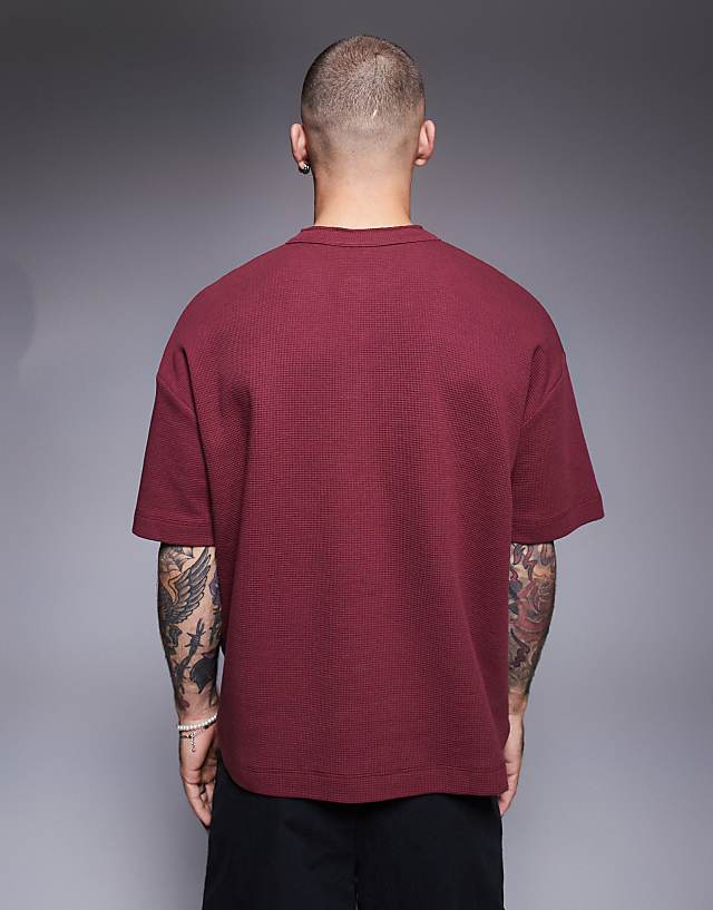 Asos ASOS DESIGN Oversized Boxy Waffle Henley T-shirt In Burgundy