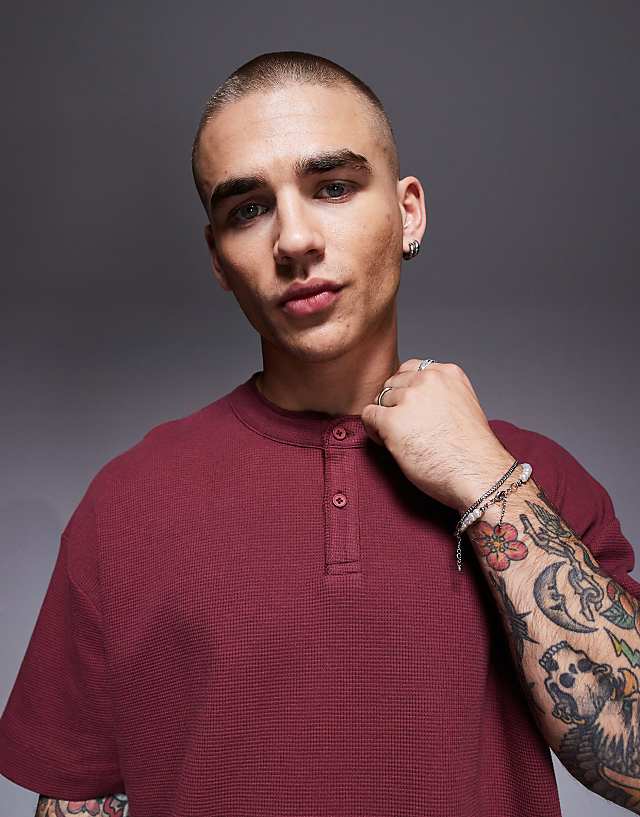 Asos ASOS DESIGN Oversized Boxy Waffle Henley T-shirt In Burgundy