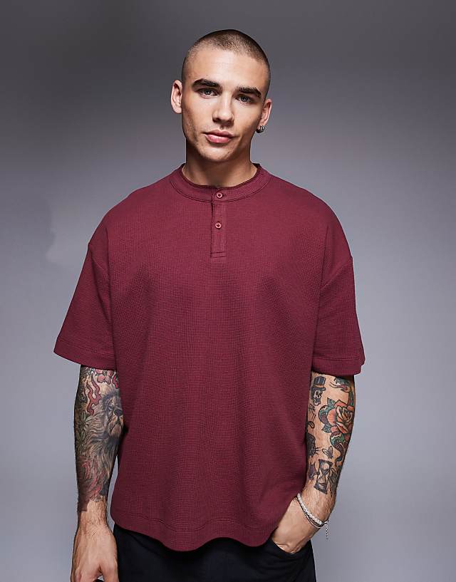 asos ASOS DESIGN oversized boxy waffle henley t-shirt in burgundy