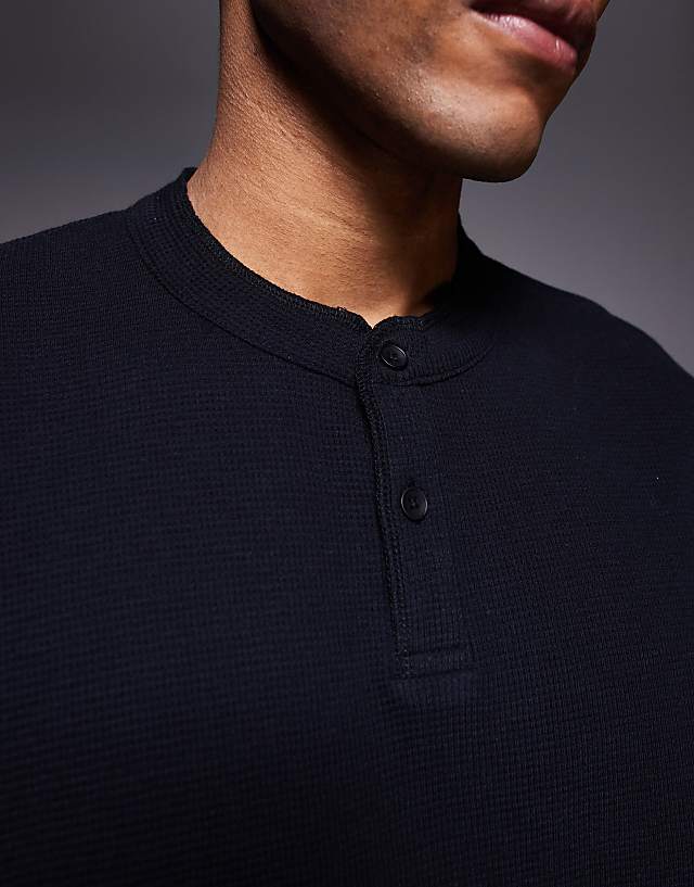 Asos ASOS DESIGN Oversized Boxy Waffle Henley T-shirt In Black