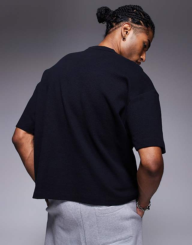 Asos ASOS DESIGN Oversized Boxy Waffle Henley T-shirt In Black
