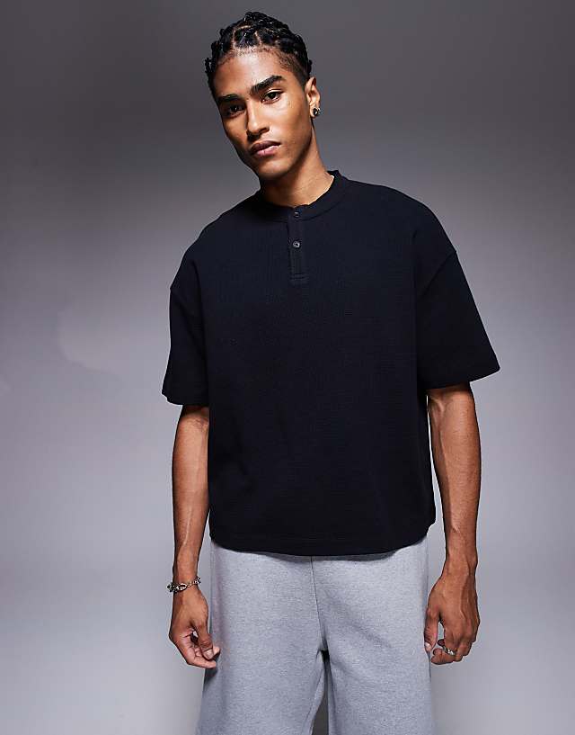 asos ASOS DESIGN oversized boxy waffle henley t-shirt in black