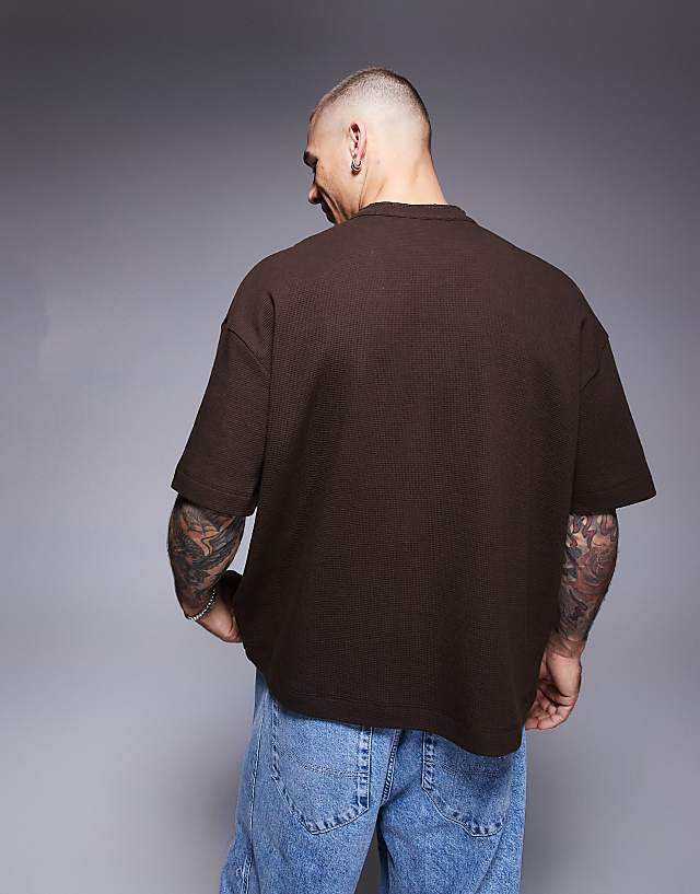 Asos ASOS DESIGN Oversized Boxy Waffle Henley T-shirt In Brown