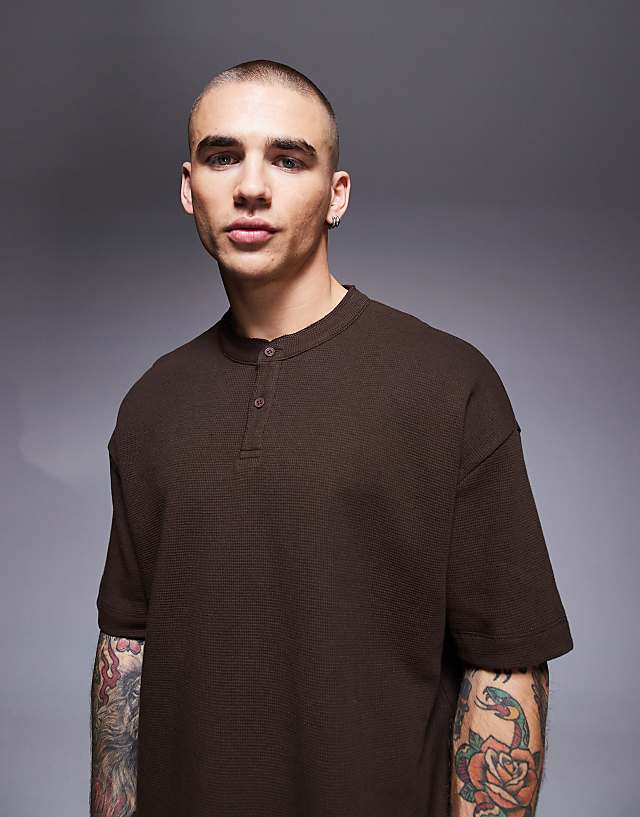 Asos ASOS DESIGN Oversized Boxy Waffle Henley T-shirt In Brown