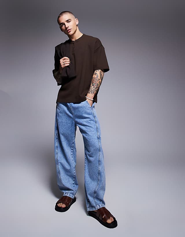 Asos ASOS DESIGN Oversized Boxy Waffle Henley T-shirt In Brown