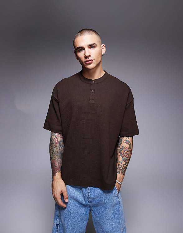 asos ASOS DESIGN oversized boxy waffle henley t-shirt in brown