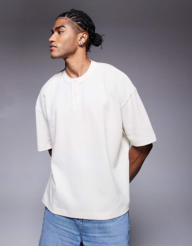 asos ASOS DESIGN oversized boxy waffle henley t-shirt in cream