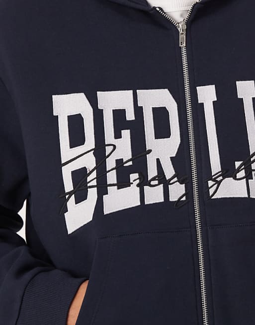 Asos ASOS DESIGN Oversized Boxy Zip Through Hoodie With Berlin Print In Navy