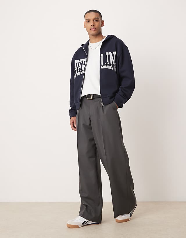 Asos ASOS DESIGN Oversized Boxy Zip Through Hoodie With Berlin Print In Navy
