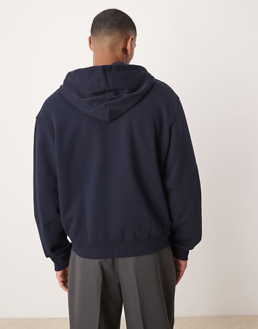 Asos ASOS DESIGN Oversized Boxy Zip Through Hoodie With Berlin Print In Navy