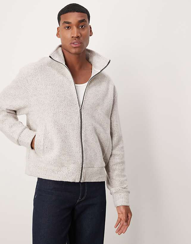 asos ASOS DESIGN oversized boxy zip through jacket in soft touch fleece in cream