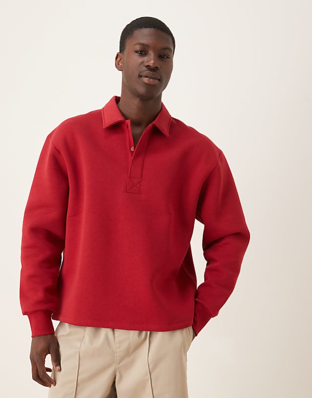 asos ASOS DESIGN oversized button up polo with concealed placet in red