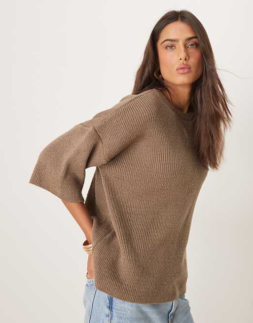 asos ASOS DESIGN oversized chunky knitted t shirt in mocha