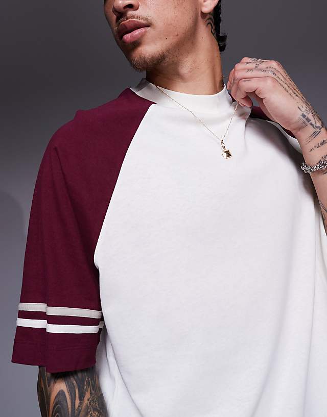 Asos ASOS DESIGN Oversized Contrast Raglan T-shirt With Tape Detail In Cream