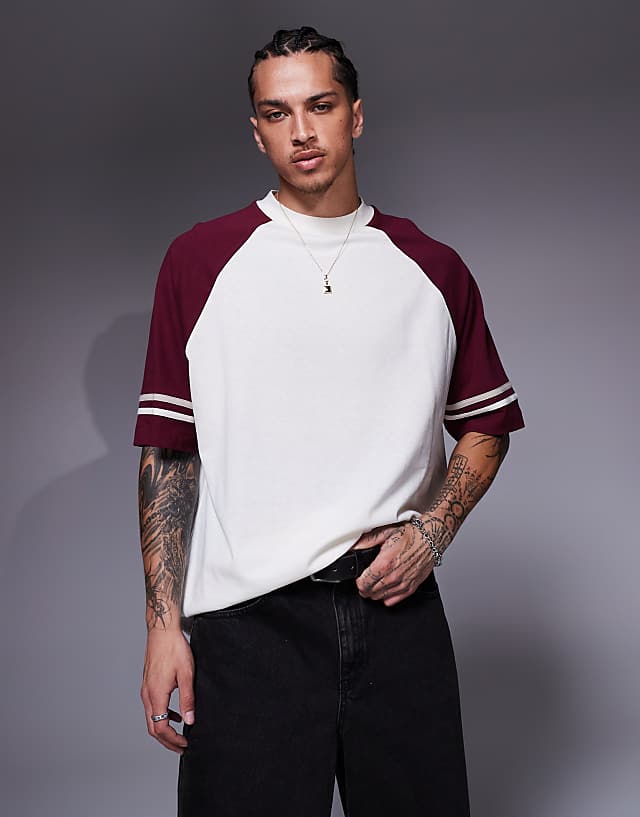 asos ASOS DESIGN oversized contrast raglan t-shirt with tape detail in cream