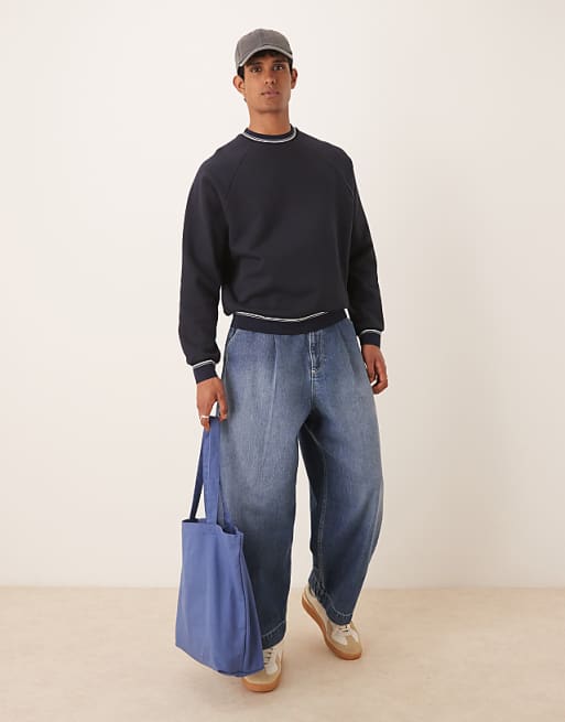Asos ASOS DESIGN Oversized Crew With Tipping Detail In Navy Blue