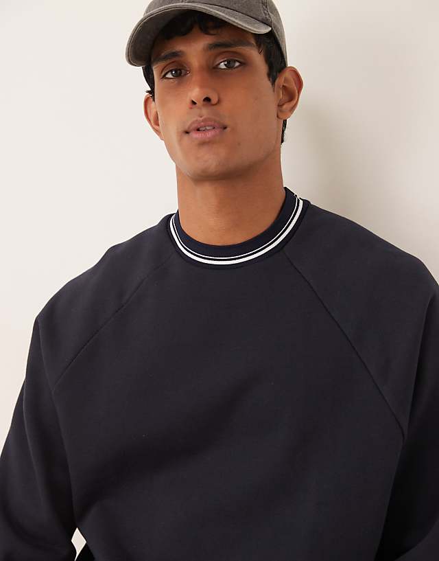 Asos ASOS DESIGN Oversized Crew With Tipping Detail In Navy Blue