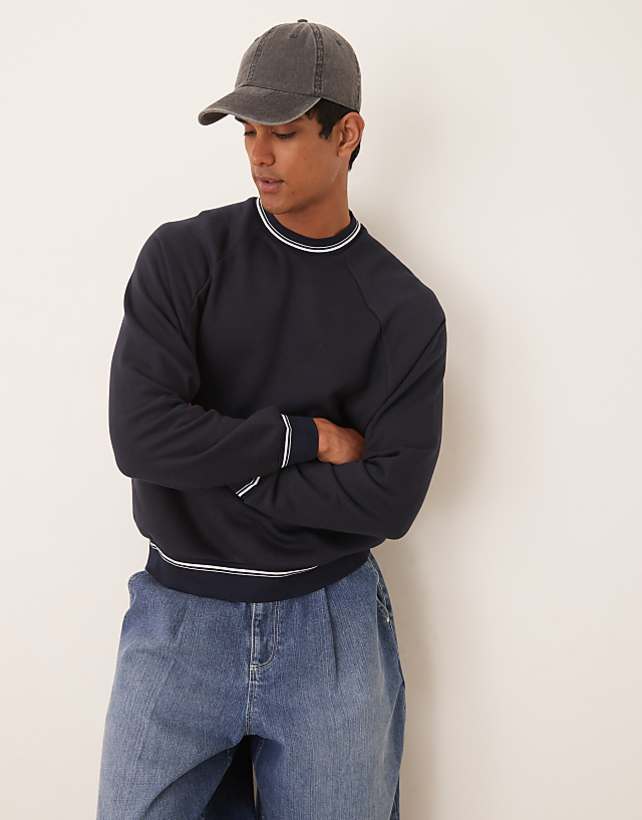 asos ASOS DESIGN oversized crew with tipping detail in navy blue