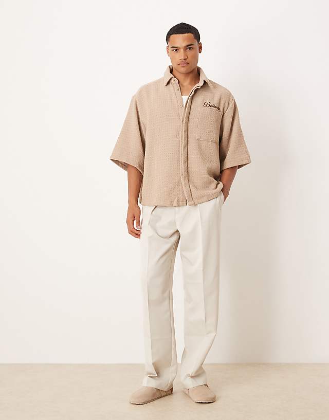 Asos ASOS DESIGN Oversized Crochet Shirt With Half Sleeve And Embroidery In Tan