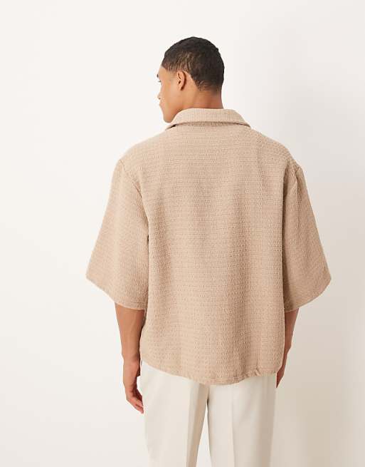 Asos ASOS DESIGN Oversized Crochet Shirt With Half Sleeve And Embroidery In Tan