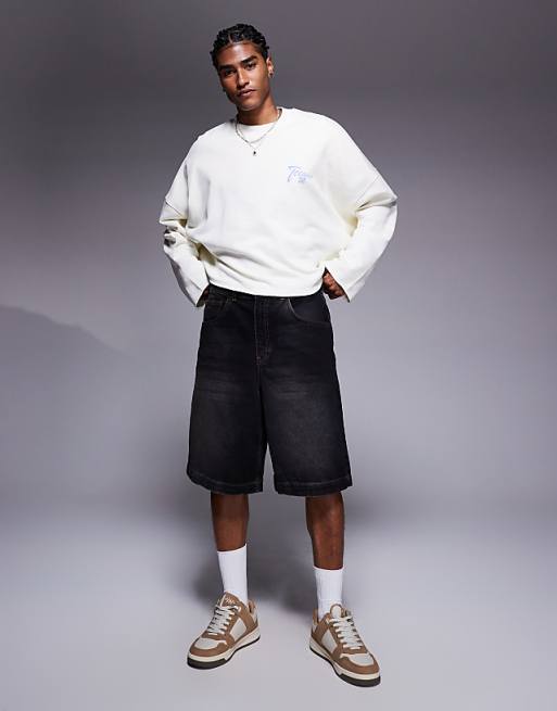 Asos ASOS DESIGN Oversized Cropped Sweatshirt With Raw Hem With Chest Print In White