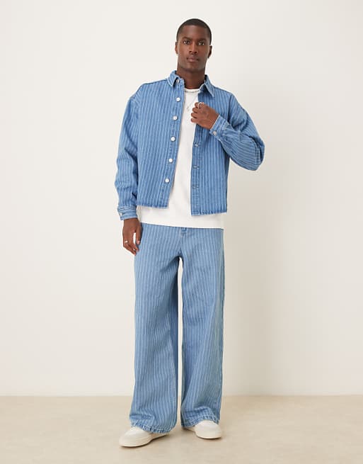 asos ASOS DESIGN oversized denim overshirt co-ord with super baggy jeans in stripe