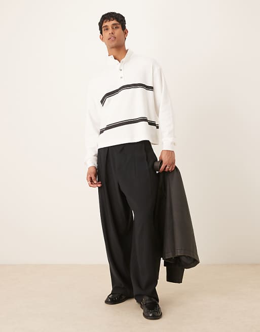 Asos ASOS DESIGN Oversized Drop Shoulder Boxy Funnel Neck Lightweight Rib Sweatshirt With Stripe In Off White