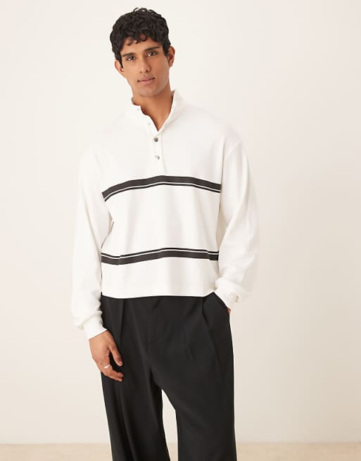 asos ASOS DESIGN oversized drop shoulder boxy funnel neck lightweight rib sweatshirt with stripe in off white