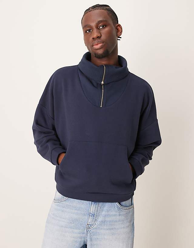 asos ASOS DESIGN oversized drop shoulder boxy jumper with oversized funnel neck in navy - GREY