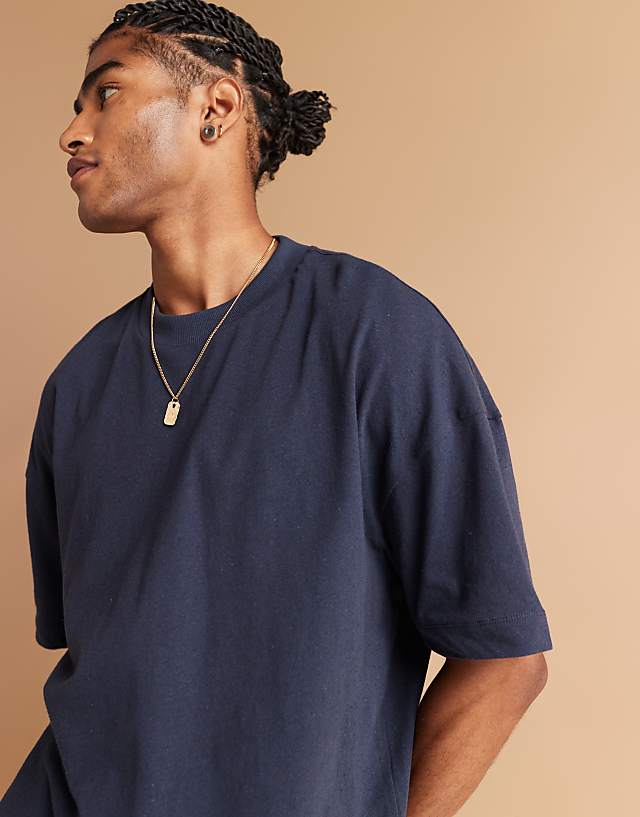 Asos ASOS DESIGN Oversized Drop Shoulder Linen Mix T-shirt In Navy