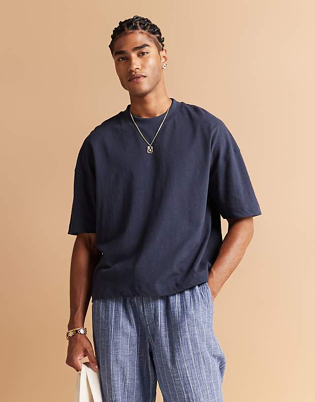 asos ASOS DESIGN oversized drop shoulder linen mix t-shirt in navy