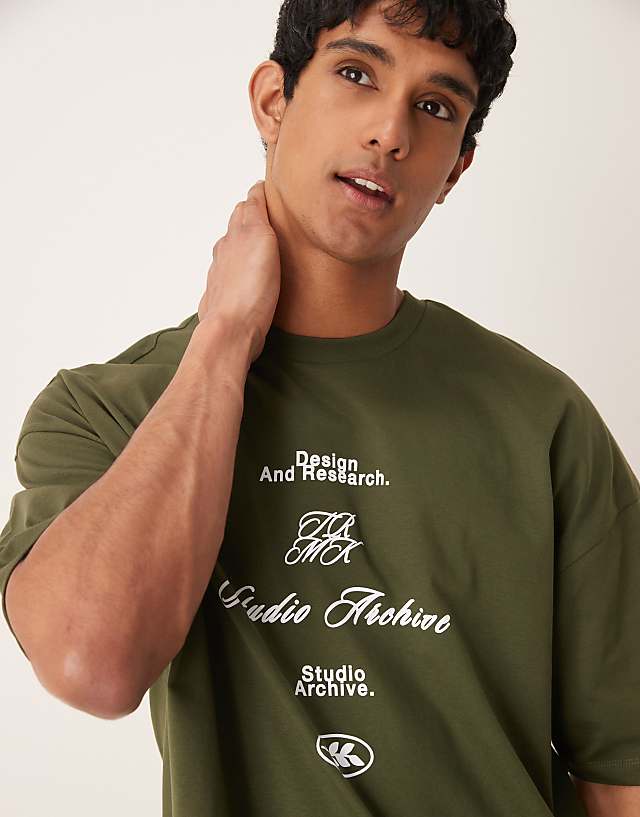 Asos ASOS DESIGN Oversized Drop Shoulder T-shirt With Print In Dark Green
