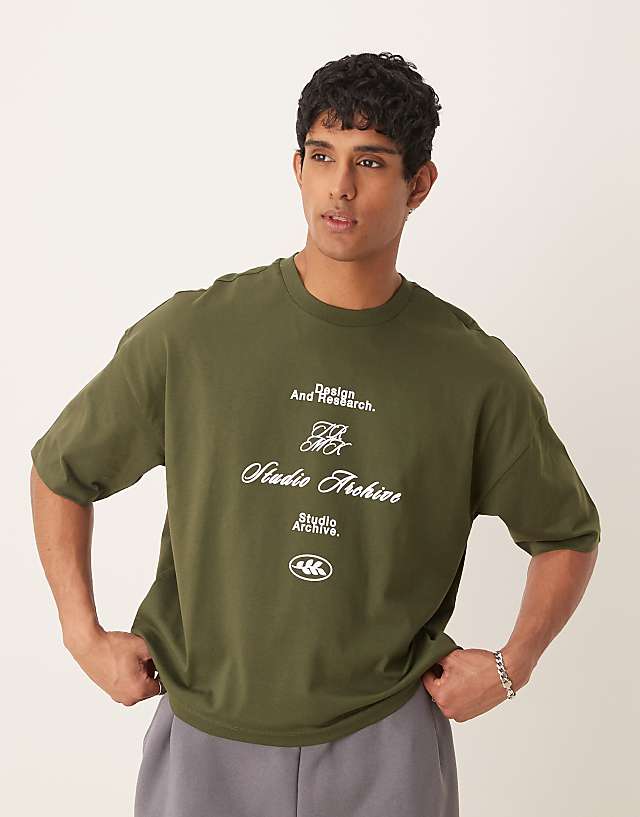 Asos ASOS DESIGN Oversized Drop Shoulder T-shirt With Print In Dark Green