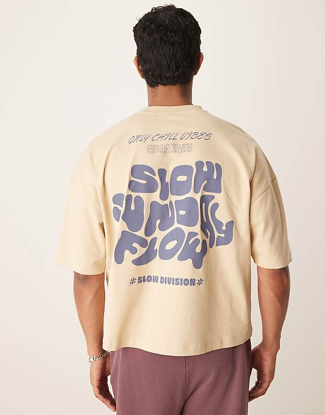 Asos ASOS DESIGN Oversized Drop Shoulder T-shirt With Slow Sunday Graphic In Khaki