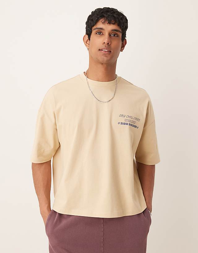 Asos ASOS DESIGN Oversized Drop Shoulder T-shirt With Slow Sunday Graphic In Khaki