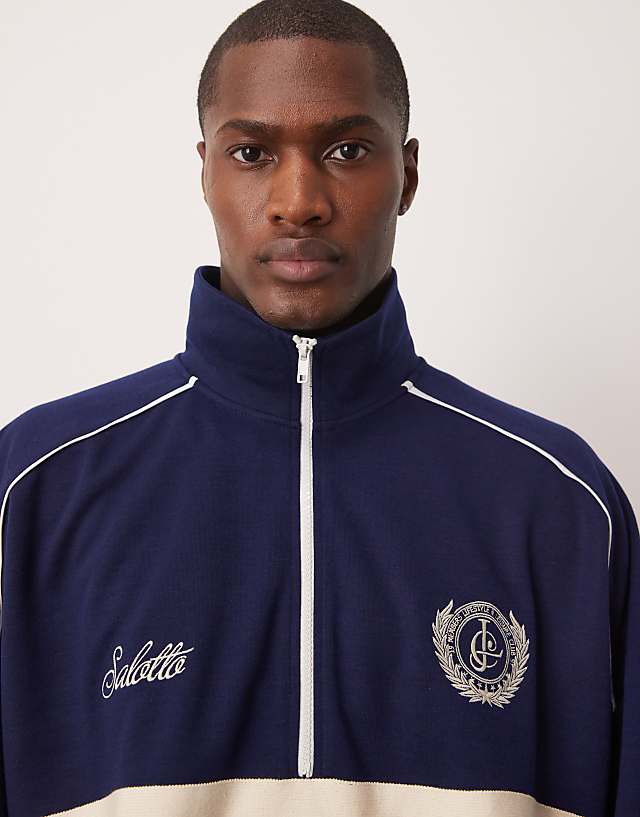 Asos ASOS DESIGN Oversized Dropped Shoulder Boxy Half Zip Jumper With Chest Print In Navy