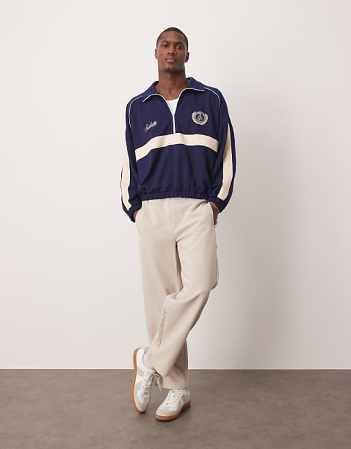 Asos ASOS DESIGN Oversized Dropped Shoulder Boxy Half Zip Jumper With Chest Print In Navy