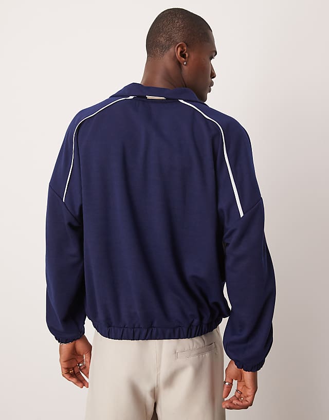 Asos ASOS DESIGN Oversized Dropped Shoulder Boxy Half Zip Jumper With Chest Print In Navy
